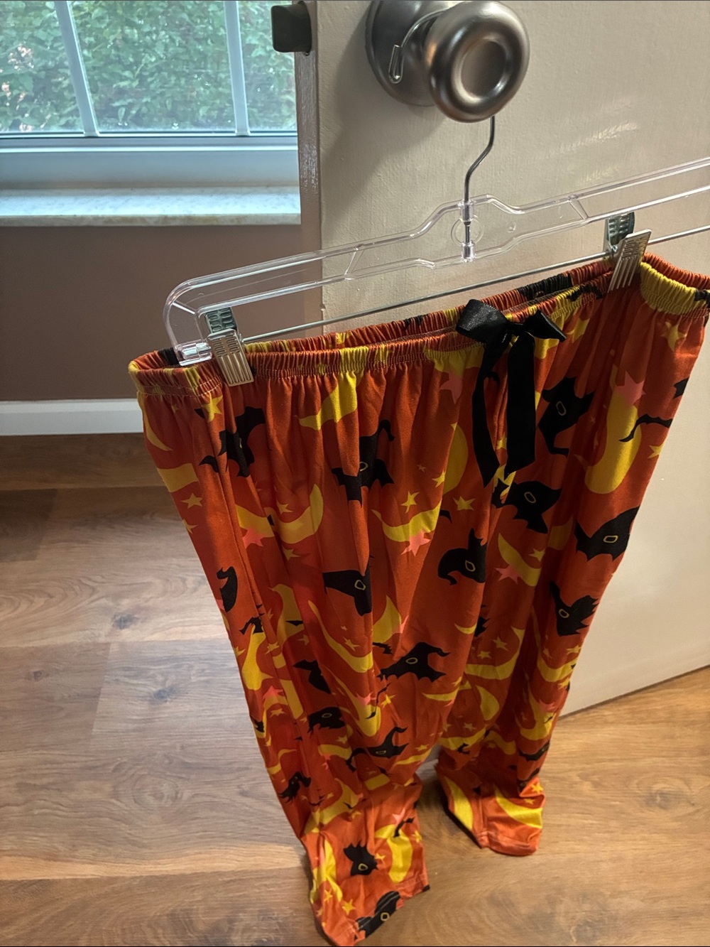 Women's Orange Halloween Pajama Pants with Black Bat & Yellow Moon Print